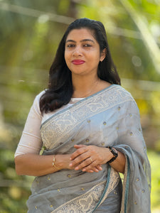 Check Weaved Grey Tussar Kota Saree | SBS533