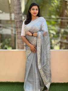 Check Weaved Grey Tussar Kota Saree | SBS533