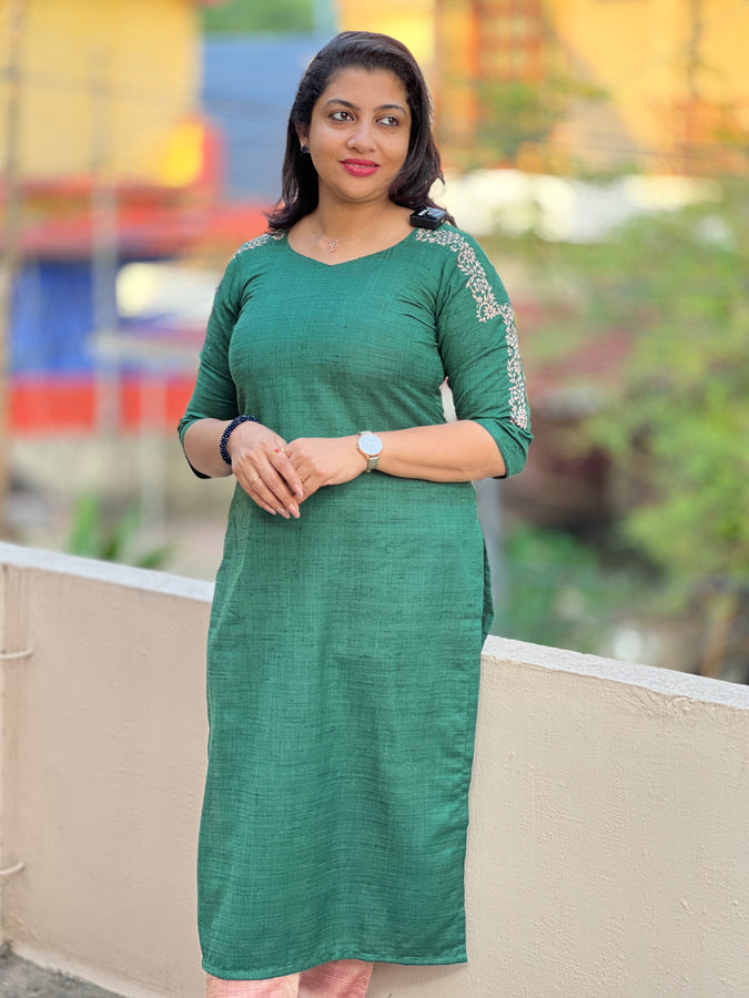 Bottle Green Shade Designer Kurtha Material | UNSTITCHED | DN283