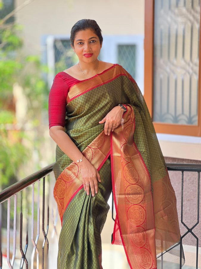 Mehandi Green & Red Kora Banarasi Thread Woven Saree | AL119