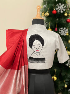 Customized Unstitched Tissue Blouse with Caricature Embroidery  | AH697