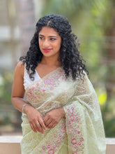 Green Colour Computerized Embroidered Organza Saree | SBS457