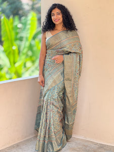 Metallic Green  Ajrak Printed Desi Tussar Saree | SBS489