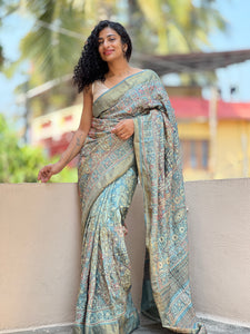 Blue Colour Ajrak Printed Desi Tussar Saree | SBS488