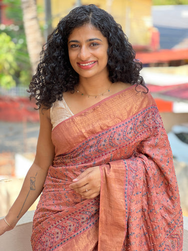 Mud Colour  Ajrak Printed Desi Tussar Saree | SBS487