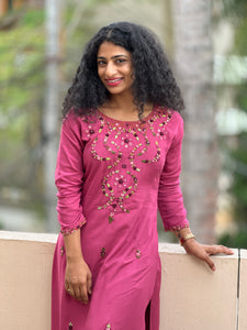 Hand-Embroidered Magenta Color Rayon Kurta | OS208