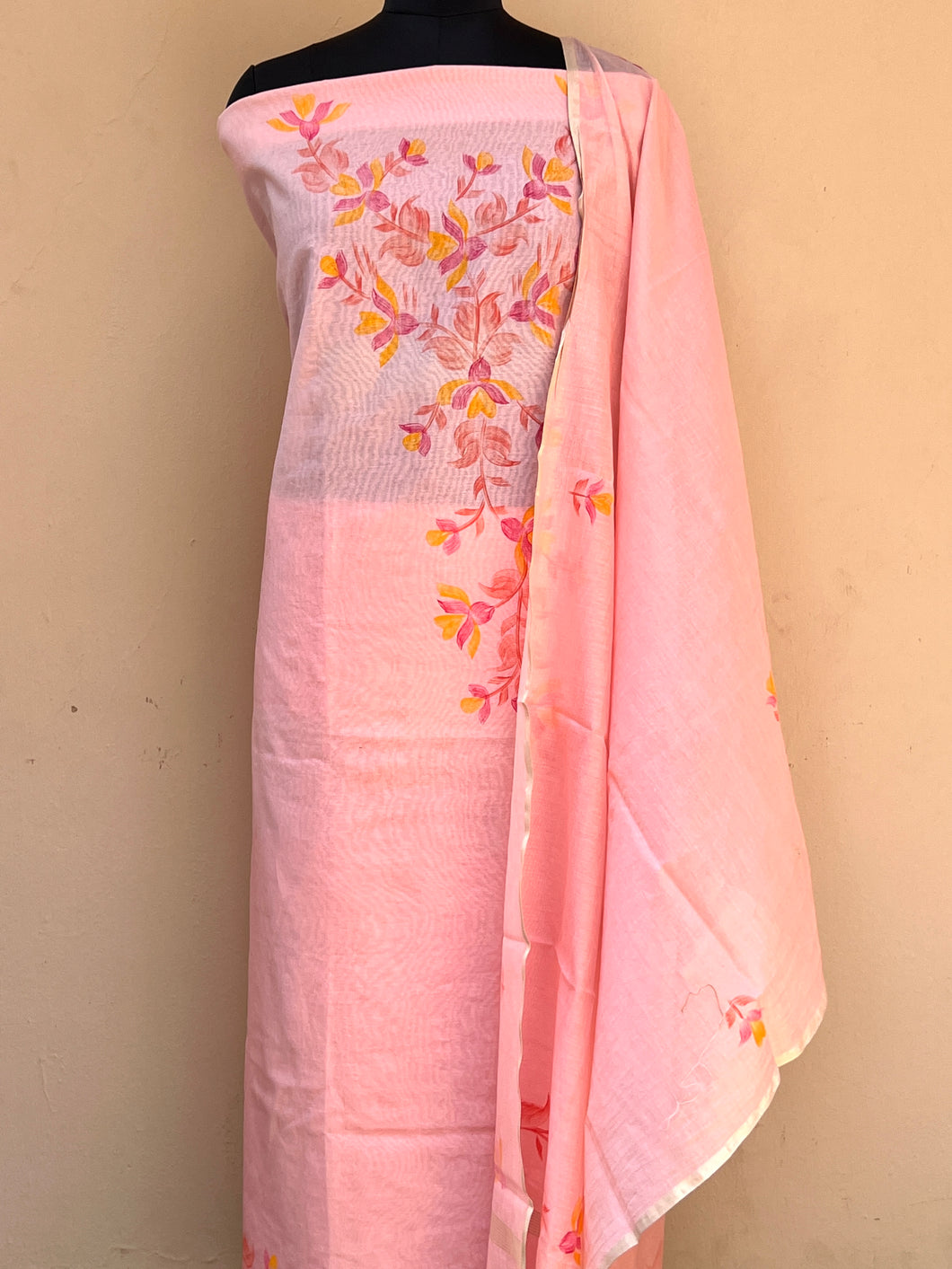 Peach Brush Stroke Painted Silk Chanderi Salwar Set  | JCl417