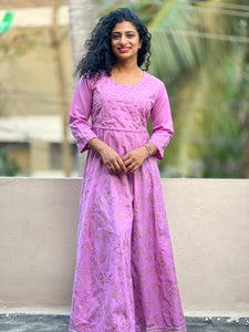 Lilac-pink color embroidered rayon long length kurthi | CS118