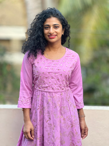 Lilac-pink color embroidered rayon long length kurthi | CS118