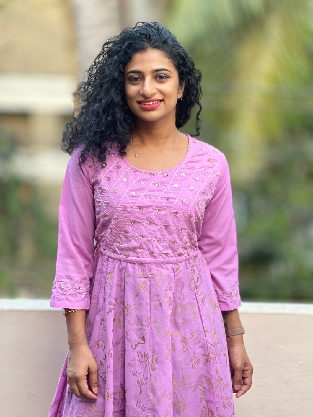 Lilac-pink color embroidered rayon long length kurthi | CS118