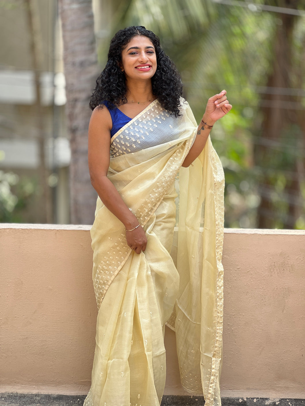 Yellow Floral Embroidery Tussar Saree | SBS521