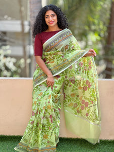 Green Check Kota Saree With Silver Zari Border | RK253