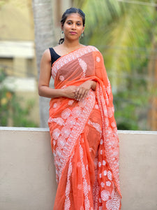 Orange colour Chikankari embroidered georgette saree | SR221