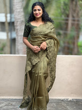 Olive Color Machine Embroidered Pure Organza Saree |  SBS448