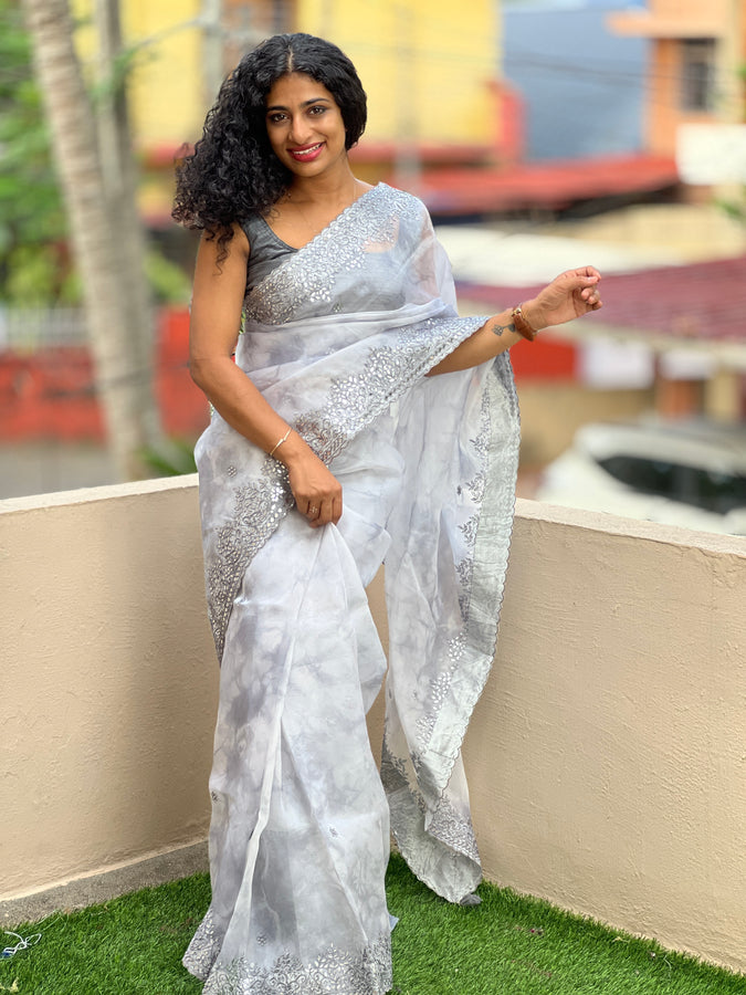 Grey Hand Mirror Worked Organza Saree | SBS452