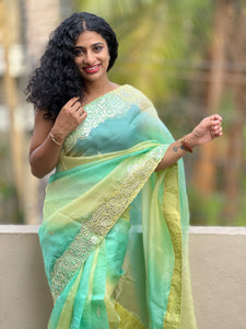 Teal Blue & Yellow Mirror Worked Organza Saree | SBS453
