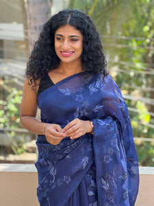 Midnight Blue Floral Machine Embroidered Silk Organza Saree | SBS444