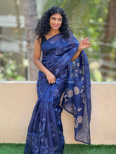 Midnight Blue Floral Machine Embroidered Silk Organza Saree | SBS444