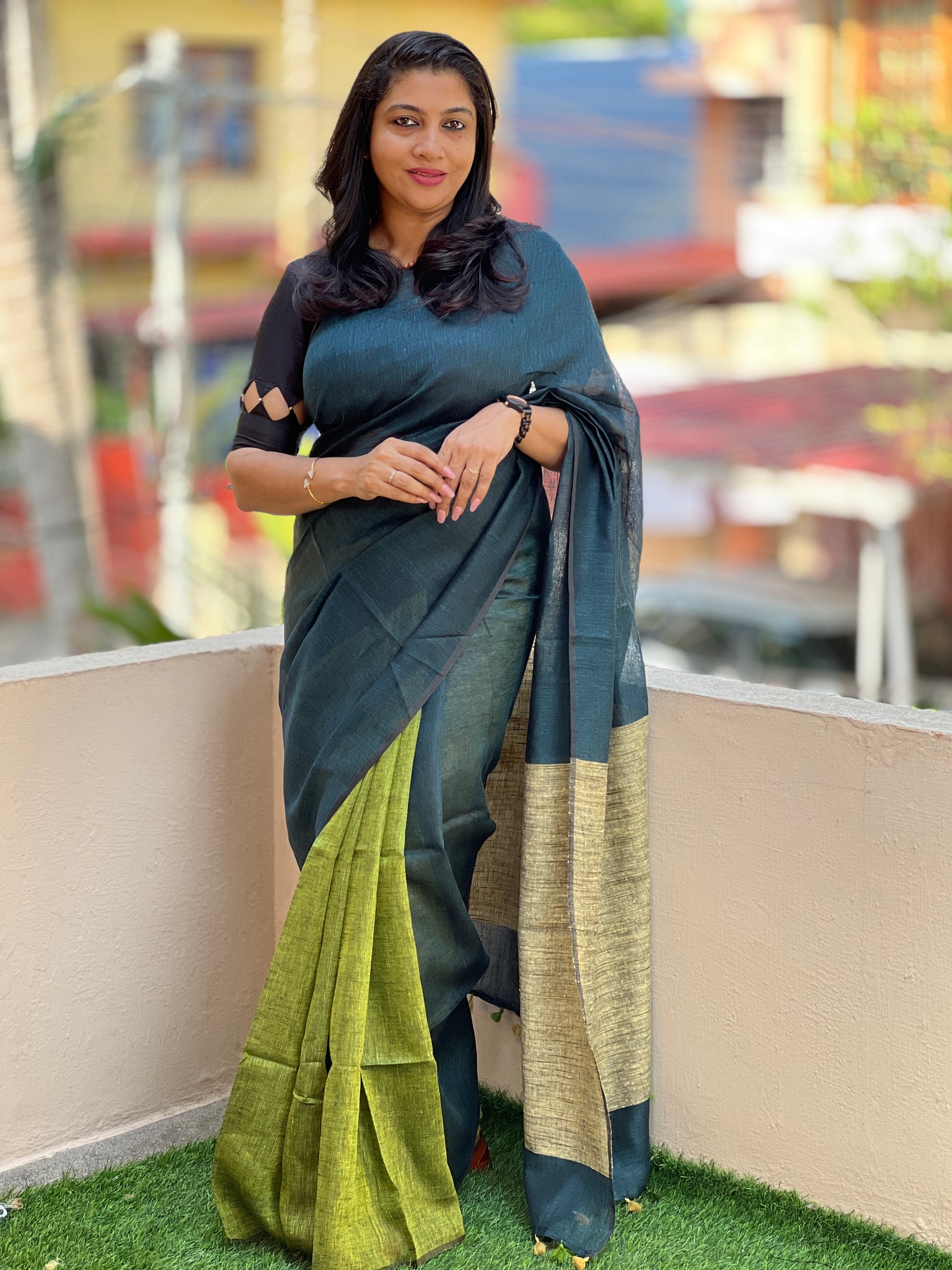 Buy Bluish Green Soft Silk Saree T248341