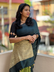 Peacock Green & Olive Green Blended Linen Saree | DLS107