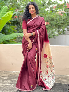 Maroon Colour Hand Embroidered Desi Tussar Saree | ARS131