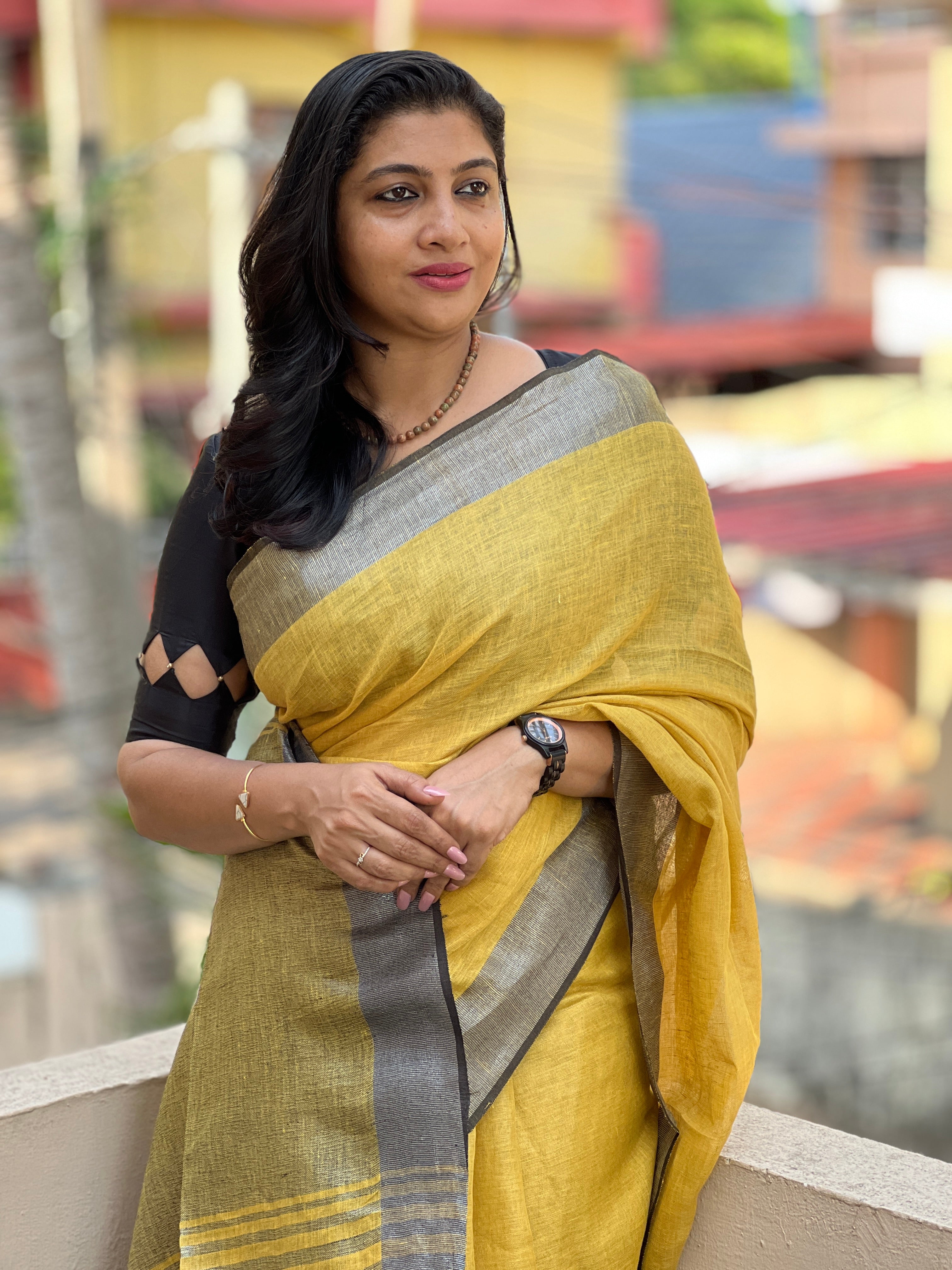 Golden Yellow Blended Linen Saree | DLS112