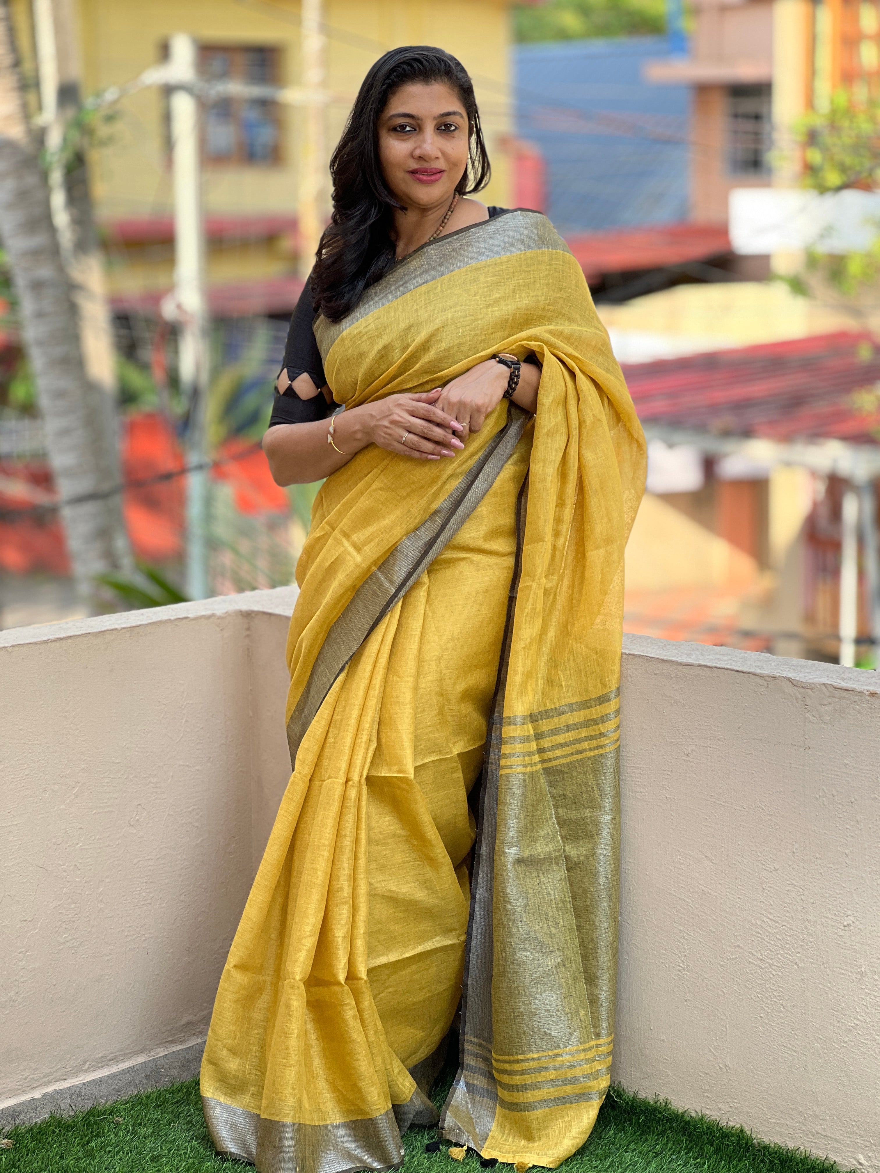 Golden Yellow Blended Linen Saree | DLS112