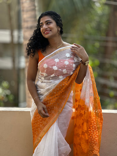 Orange & White Dip-Dyed Kota Saree  | RK264