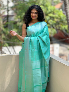 Teal blue with grey colour soft silk kanchipuram saree | AJ347