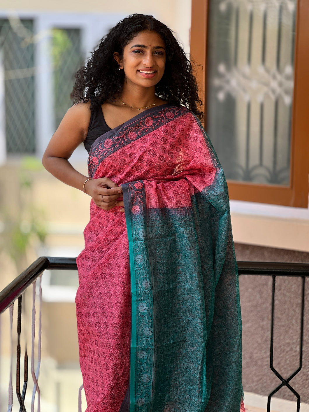 Pink peach with teal blue color combination tepchi embroidered kota saree | PF783