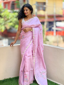 Silk Painted Pink Tussar Saree With Embroidered Border | SBS484