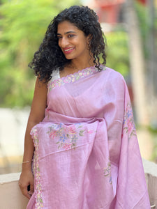 Silk Painted Pink Tussar Saree With Embroidered Border | SBS484