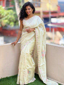 Silk Painted Pista Green Tussar Saree With Embroidered Border | SBS485