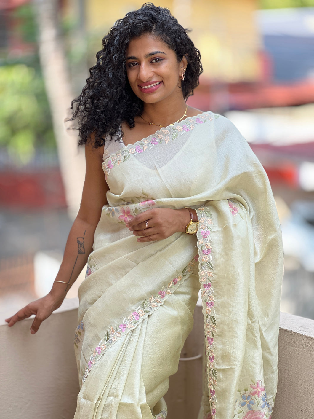 Silk Painted Pista Green Tussar Saree With Embroidered Border | SBS485
