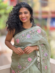 Olive Floral Embroidered Organza Saree | SBS440