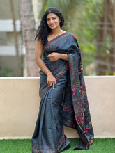 Black Kantha Embroidered Tussar Saree | SBS472