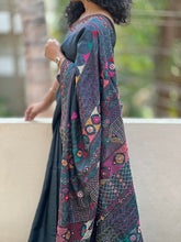 Black Kantha Embroidered Tussar Saree | SBS472