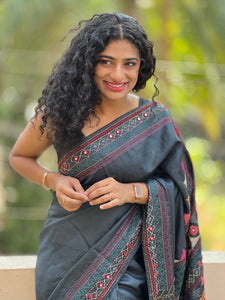 Black Kantha Embroidered Tussar Saree | SBS472