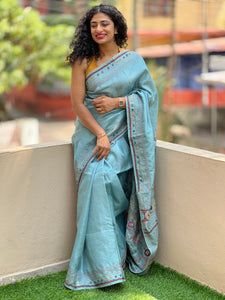 Metallic Grey  Kantha Embroidered Tussar Saree | SBS475