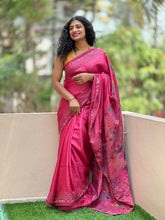 Magenta Pink Kantha Embroidered Tussar Saree | SBS473