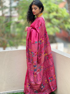 Magenta Pink Kantha Embroidered Tussar Saree | SBS473