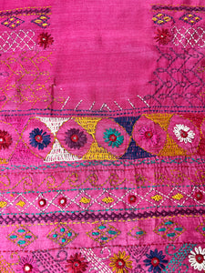 Magenta Pink Kantha Embroidered Tussar Saree | SBS473