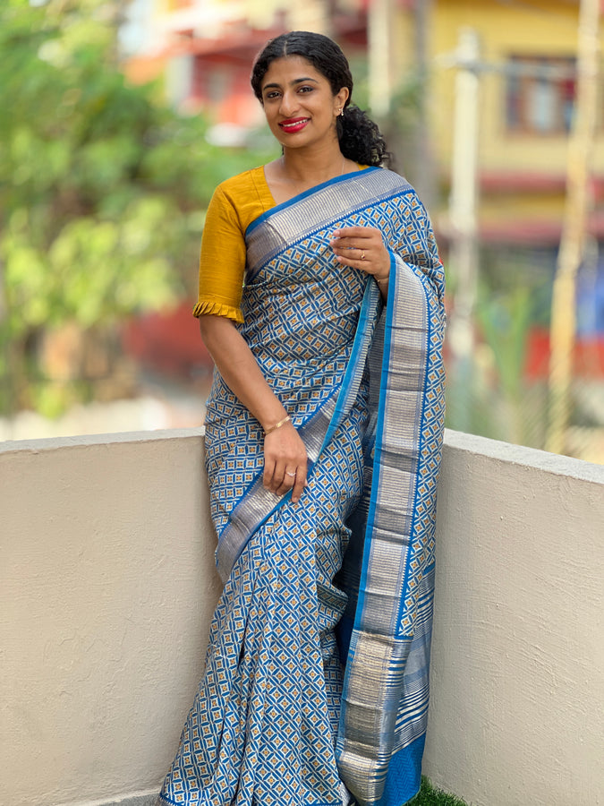 Blue  Geometric Printed Modal Chanderi Finish Saree | ARS297