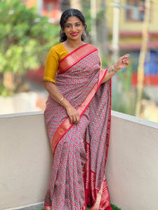 Red Geometric Printed Modal Chanderi Finish Saree | ARS298