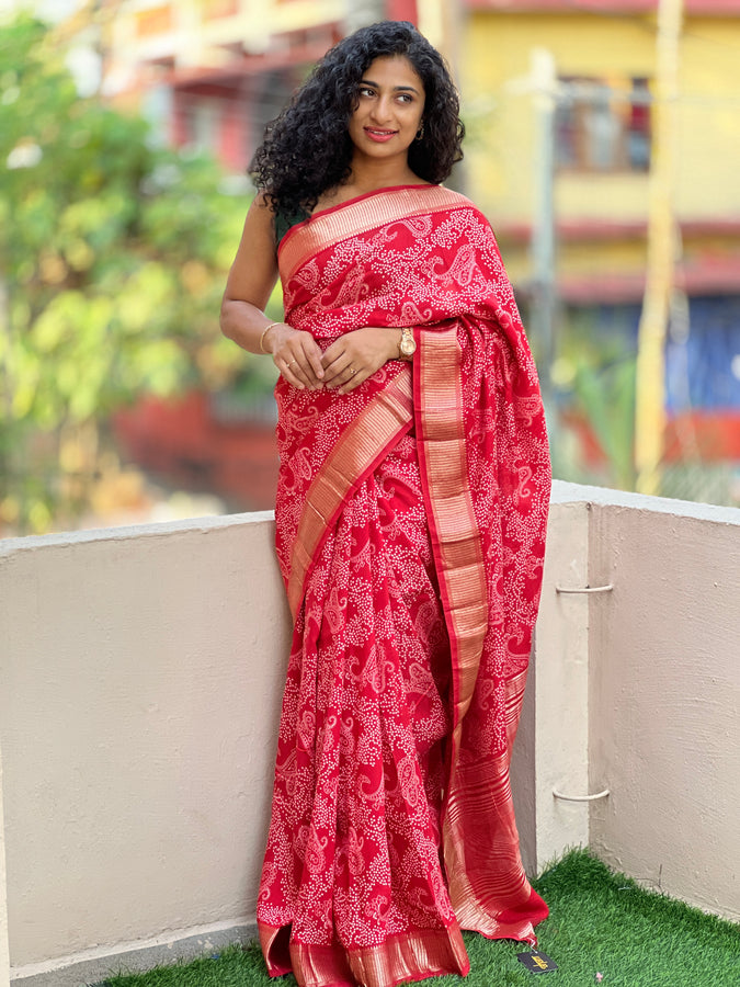 Red Screen Printed Modal Chanderi Saree | ARS296