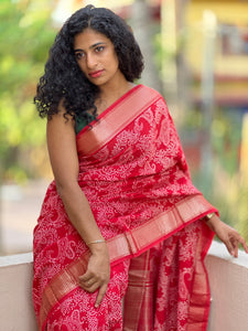 Red Screen Printed Modal Chanderi Saree | ARS296