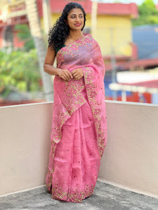 Pink-Peach Organza Saree With Floral Embroidery | SBS463