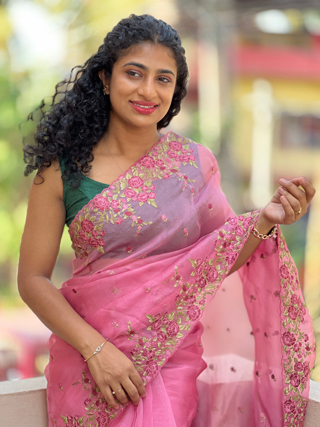 Pink-Peach Organza Saree With Floral Embroidery | SBS463