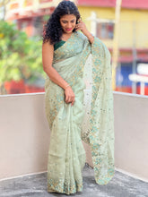 Teal Green Organza Saree With Floral Embroidery | SBS464