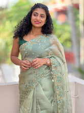 Teal Green Organza Saree With Floral Embroidery | SBS464